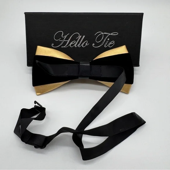 Men's PU Leather Bow Tie With Black & Gold Hardware With Crystal Stones - Picture 3 of 11